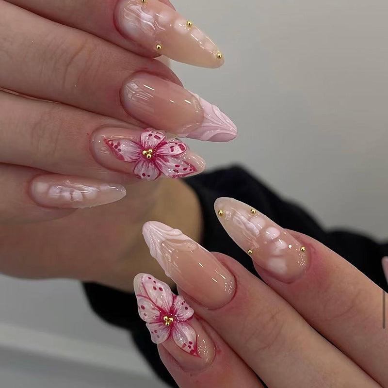 Floral Fantasy Long Almond Pink Press On Nail Set with Unique Flower Design