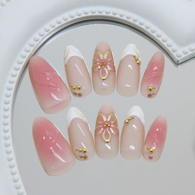 Charming Floral Medium Almond Pink Nail Set with Elegant Metallic Accents