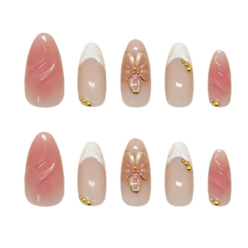 Blossom Dreams Medium Almond Pink Gradient Press On Nail Set with Floral Accents