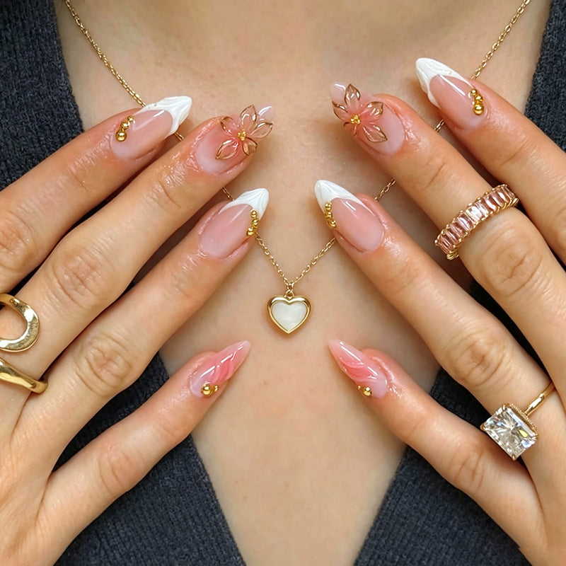 Blossom Elegance Medium Almond Pink Ombre with Gemstone Accents Press On Nail Set