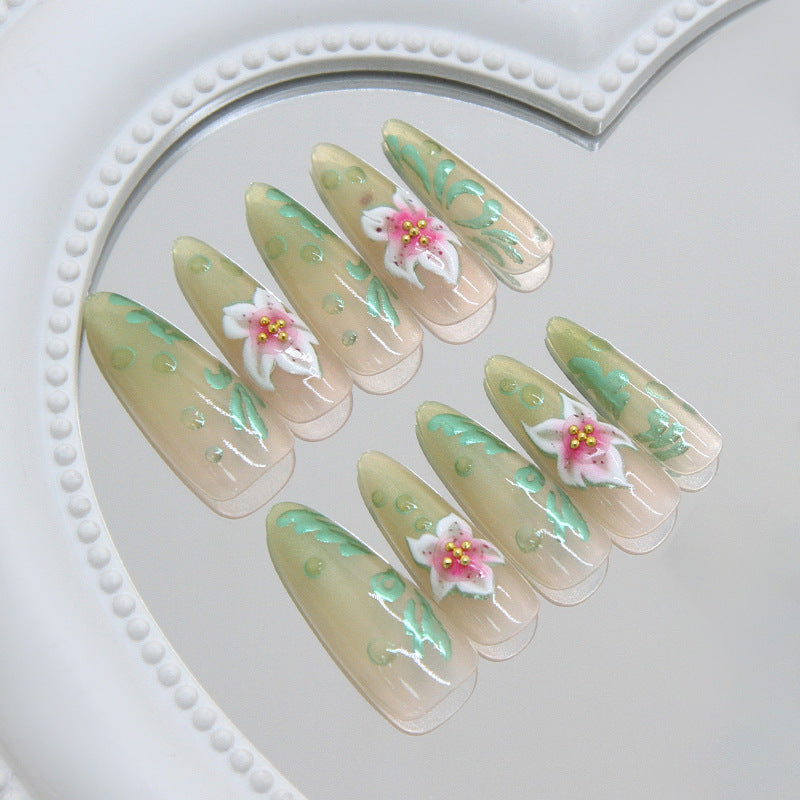 Floral Serenity Long Almond Green Ombre with Flower Detail Press On Nail Set
