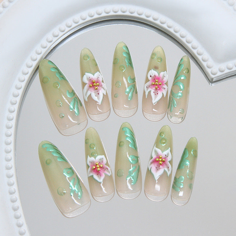 Garden Blossom Long Almond Translucent Green with Floral Detailing Press on Nail Set
