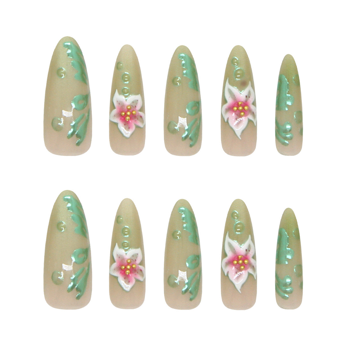 Garden Elegance Long Almond Green Floral Design Press On Nail Set