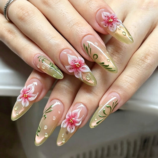 Floral Elegance Long Almond Green with Flower Detailing Nail Set