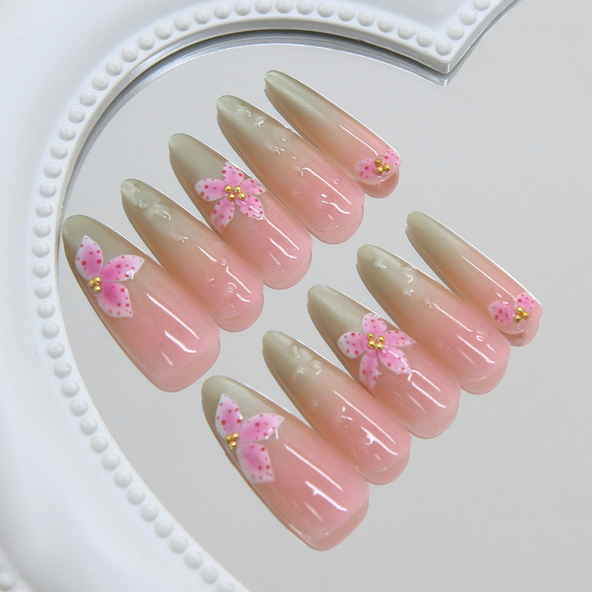 Blossom Dreams Long Almond Pink Ombre Press On Nail Set with Floral Accents