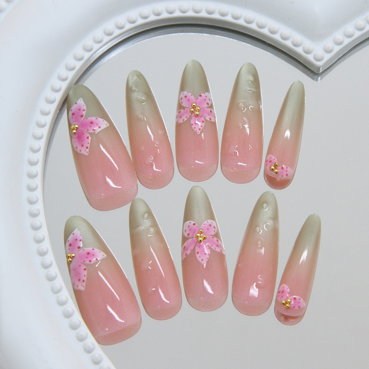 Whimsical Blossom Long Almond Pink Ombre Nail Set with Charming Bow Accents