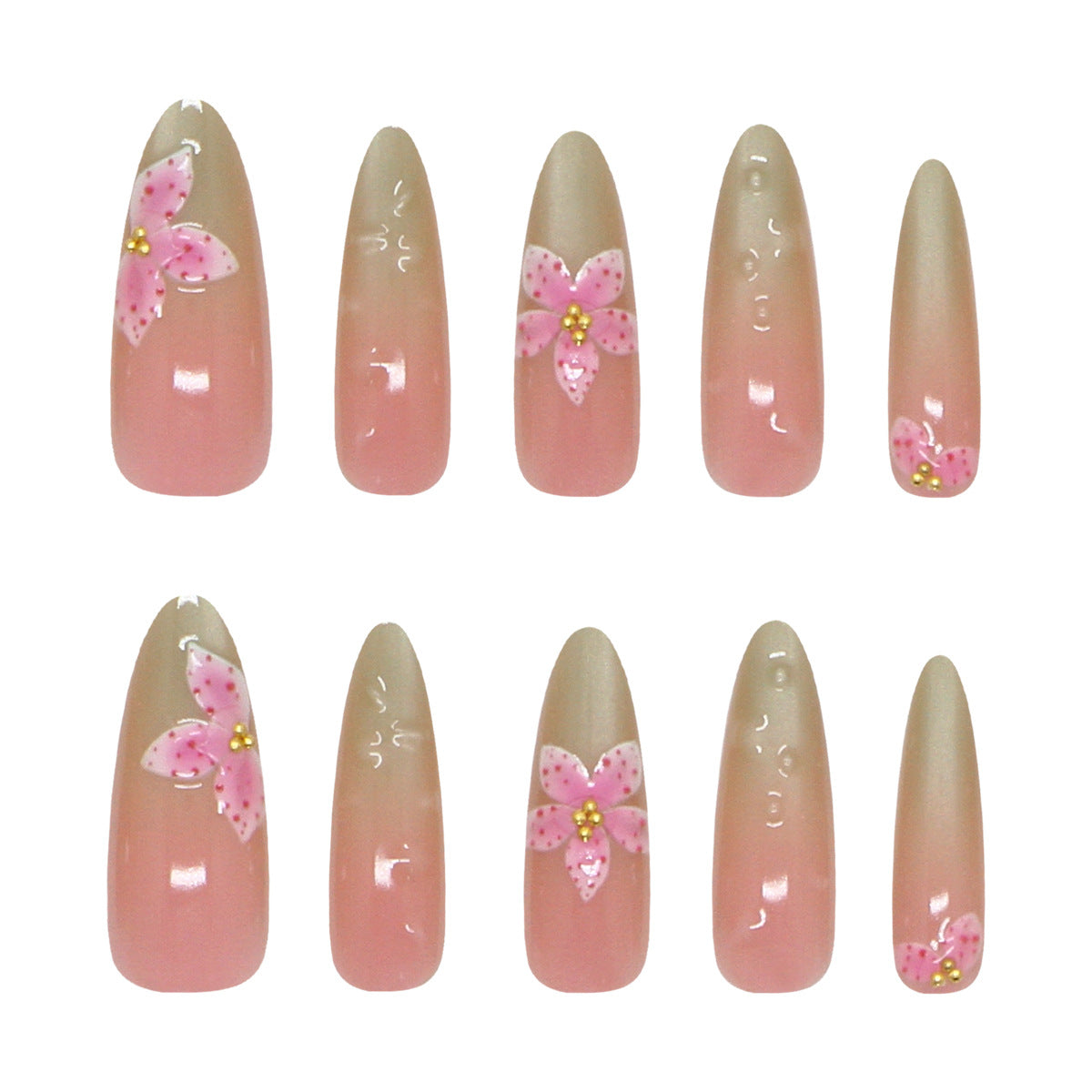 Blossom Bliss Long Almond Pink Ombre Press On Nail Set with Floral Accents