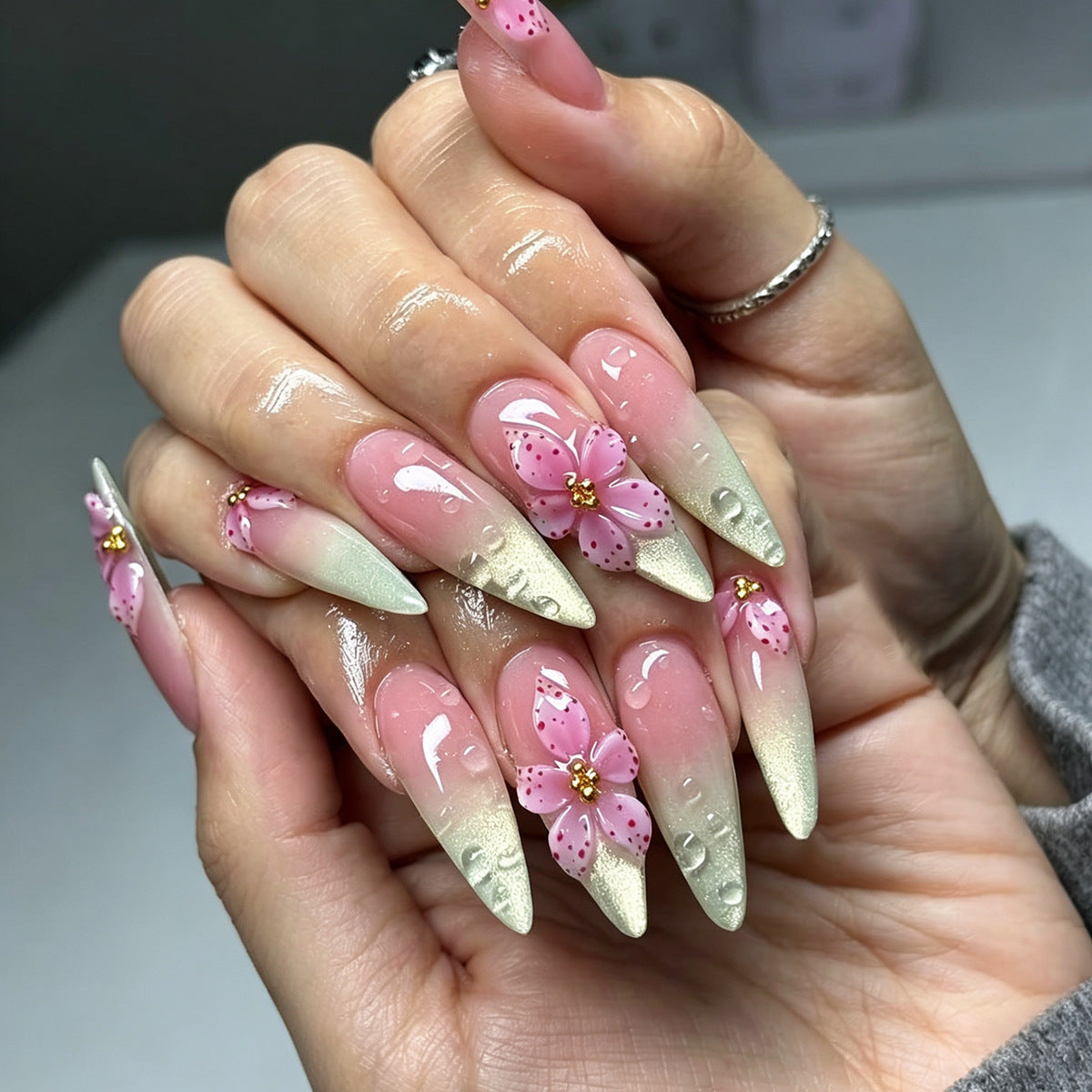 Blossoming Elegance Long Almond Ombre Nails with Floral Accents
