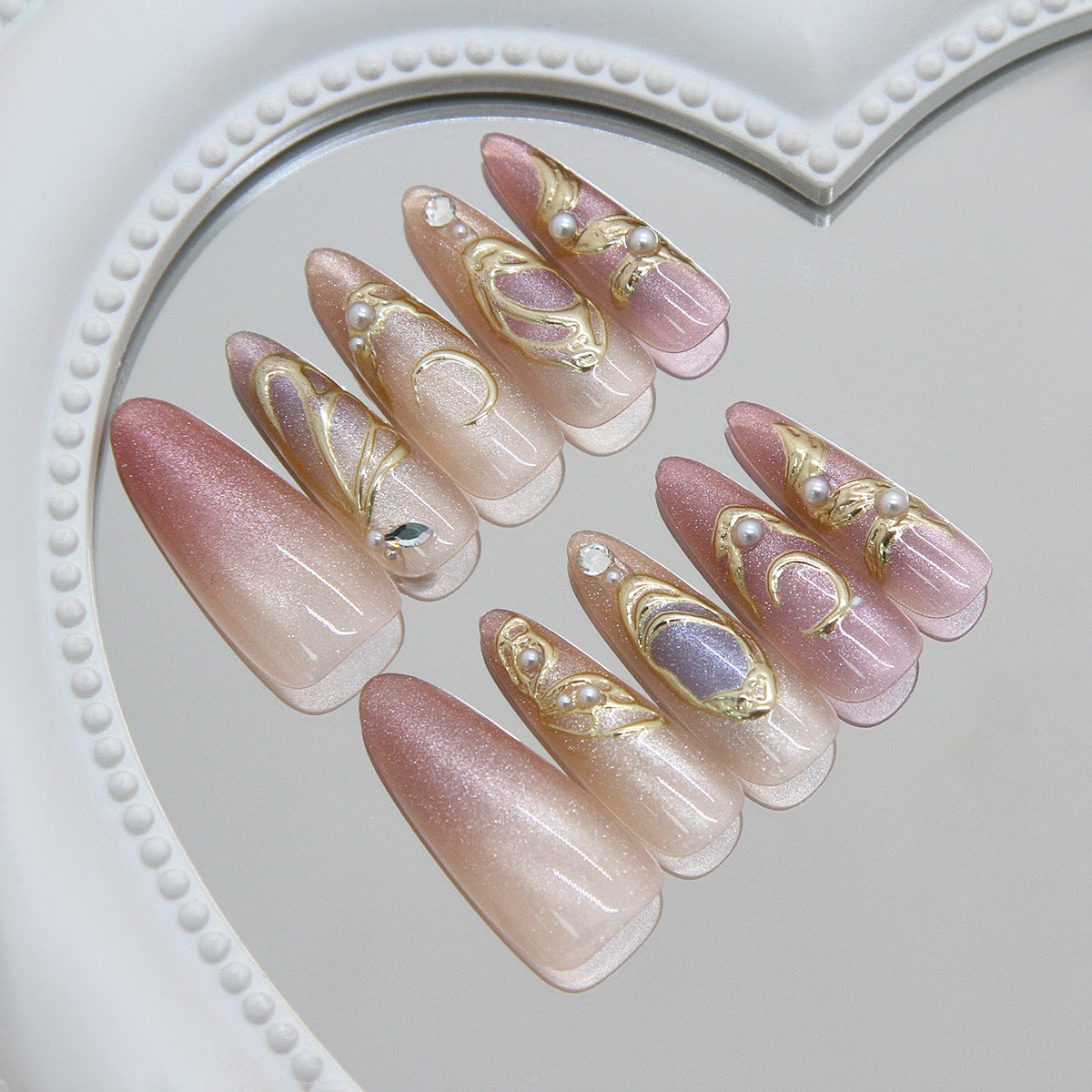 Elegant Dreamy Long Almond Pink Ombre with Artistic Gold Accents Nail Set