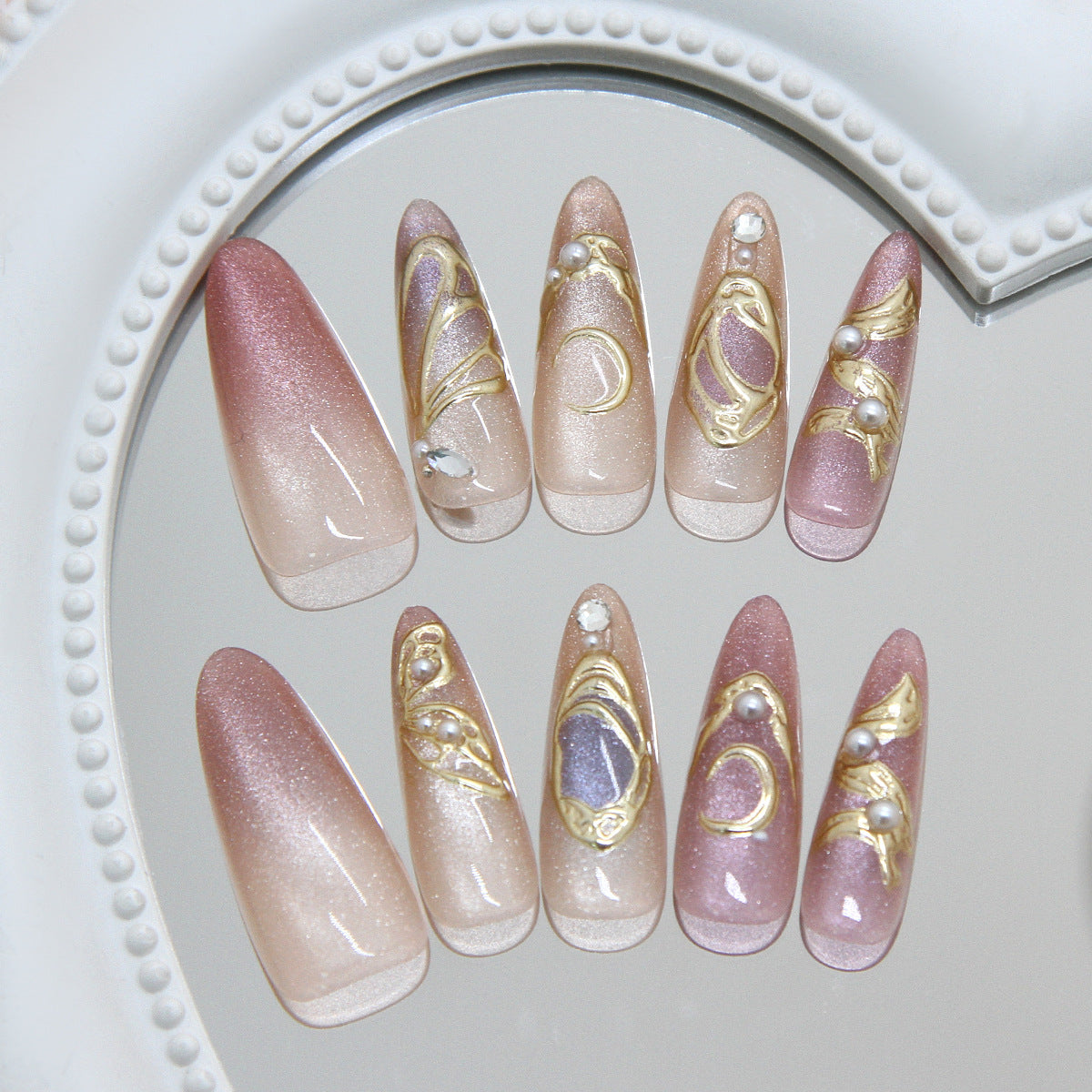 Elegant Dream Long Almond Ombre Press On Nails with Iridescent Gold Accents