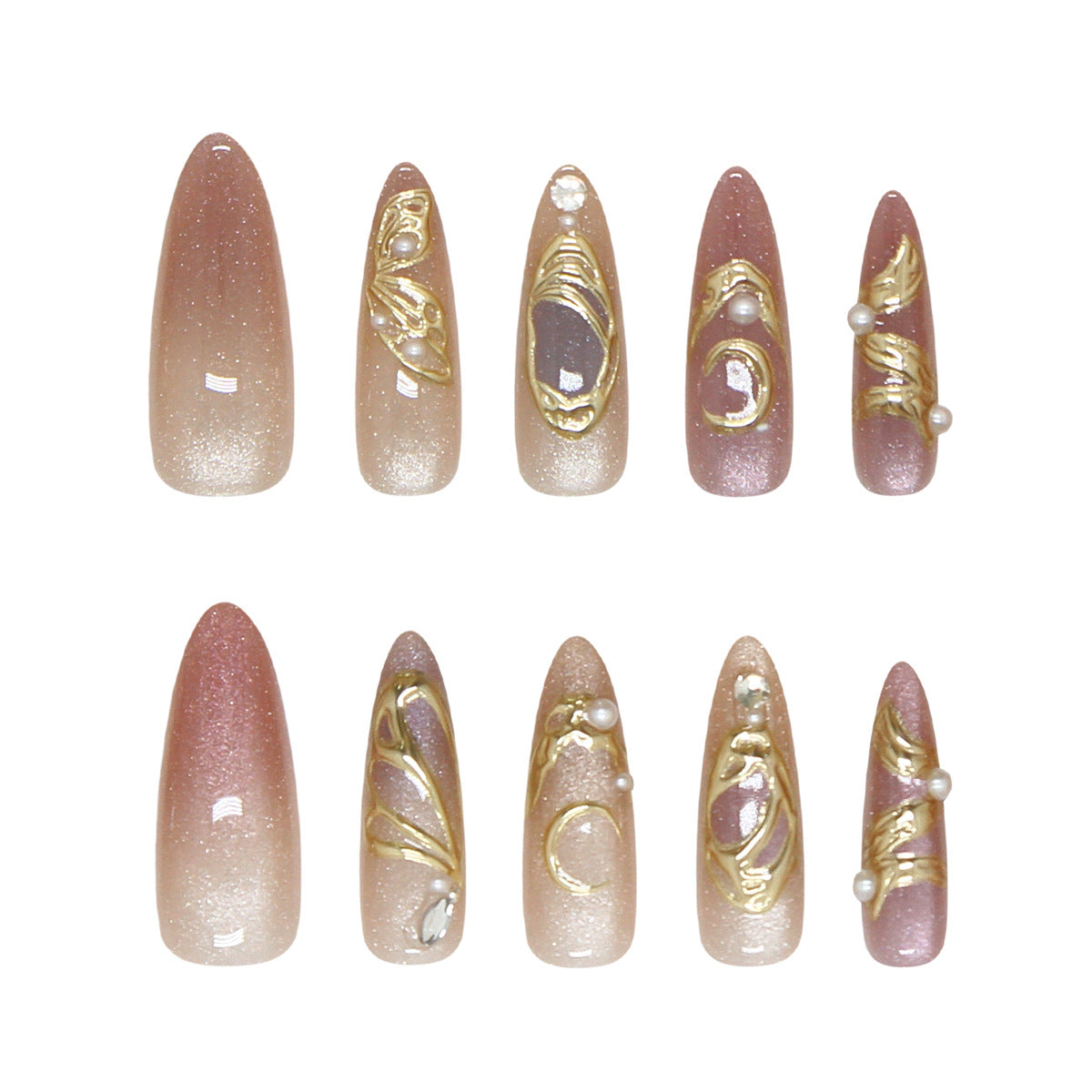 Glamorous Elegance Long Almond Ombre Press On Nail Set with Unique Gold Accents and Pearls