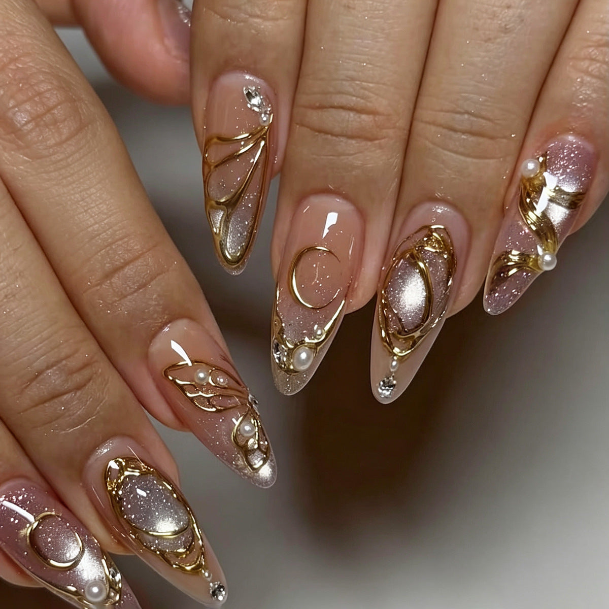 Glamorous Elegance Long Almond Beige with Gold Accents Press on Nail Set
