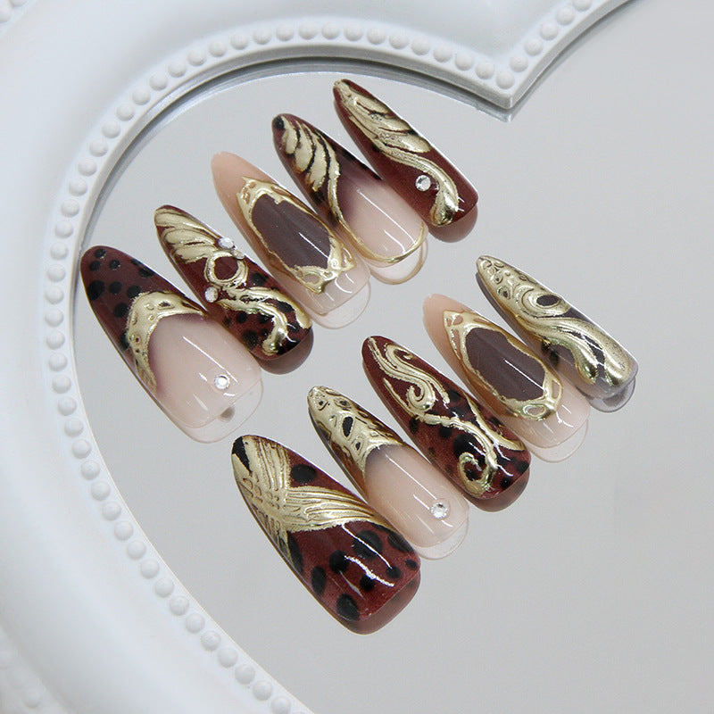 Majestic Elegance Long Almond Burgundy with Intricate Gold Detailing Nail Set