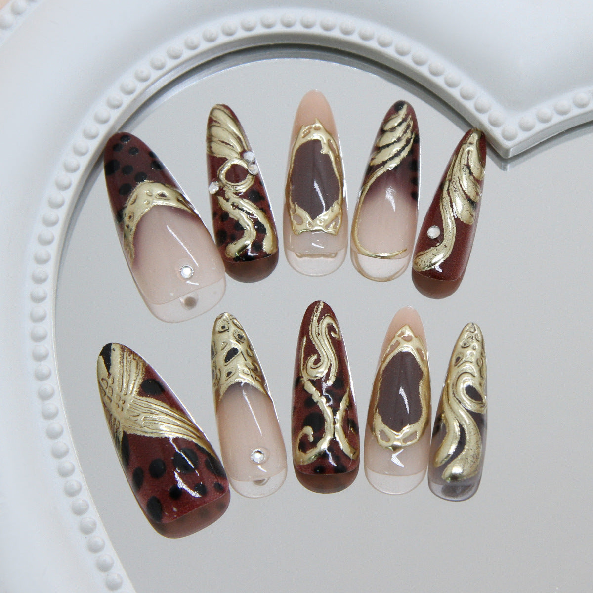 Elegant Autumn Vibes Long Almond Burgundy with Gold Swirl Design Press On Nail Set