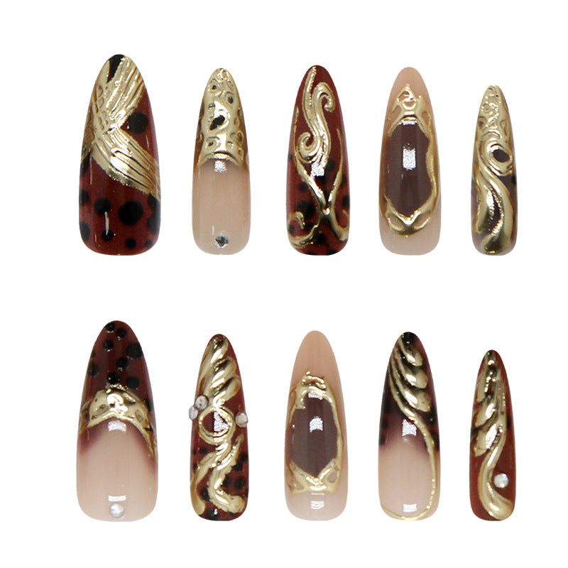 Glamorous Elegance Long Almond Burgundy with Golden Detail Press On Nail Set