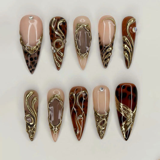 Glamorous Exotic Medium Stiletto Earthy Brown Press On Nail Set with Elegant Gold Detailing