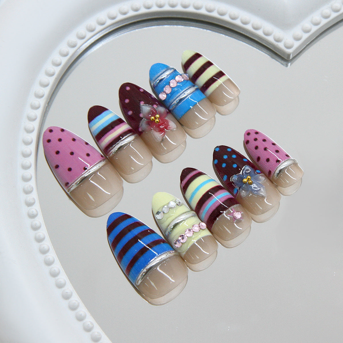Easter Delight Medium Almond Multicolor with Fun Polka Dots and Stripes Nail Set