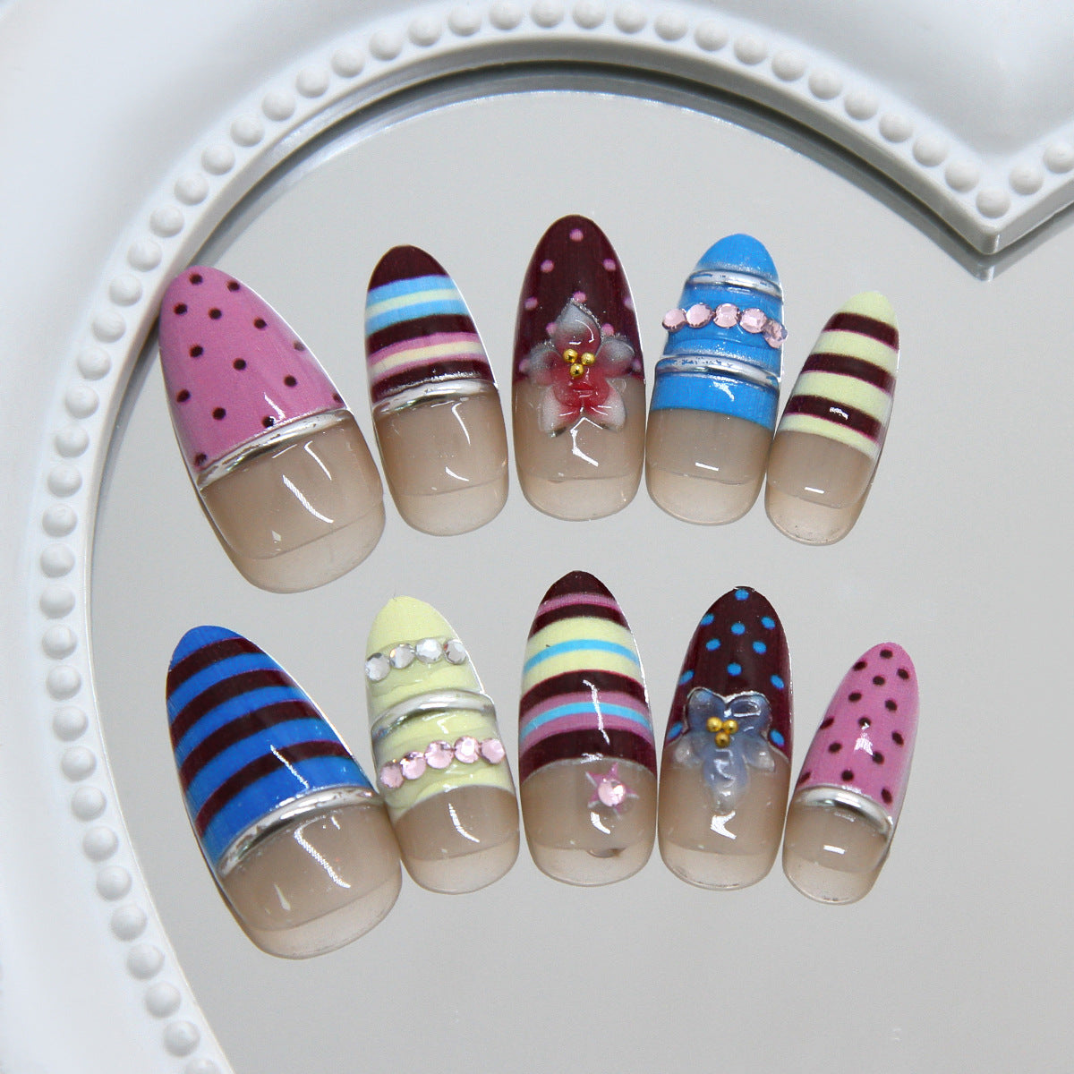 Chic Summer Vibes Medium Almond Pink and Blue Striped Nail Set with Floral Accents