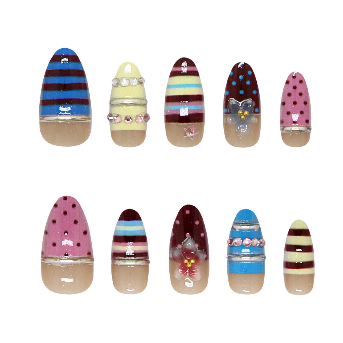 Whimsical Stripes Medium Almond Colorful Patterned Nail Set