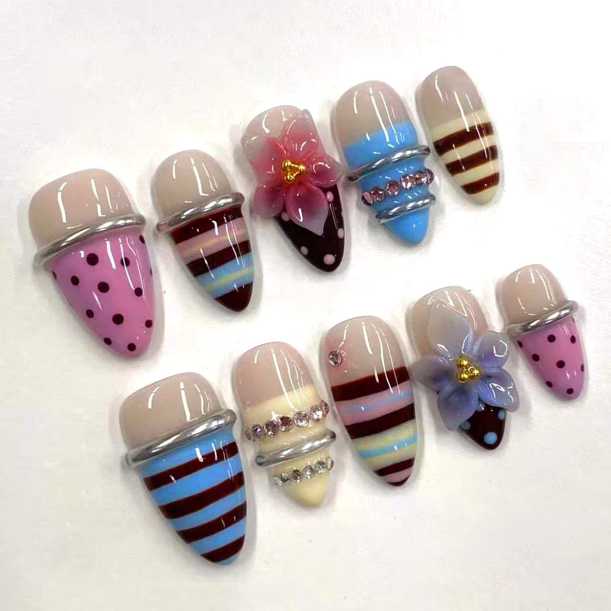 Delightful Ice Cream Themed Medium Almond Multicolored Floral Accent Press On Nail Set
