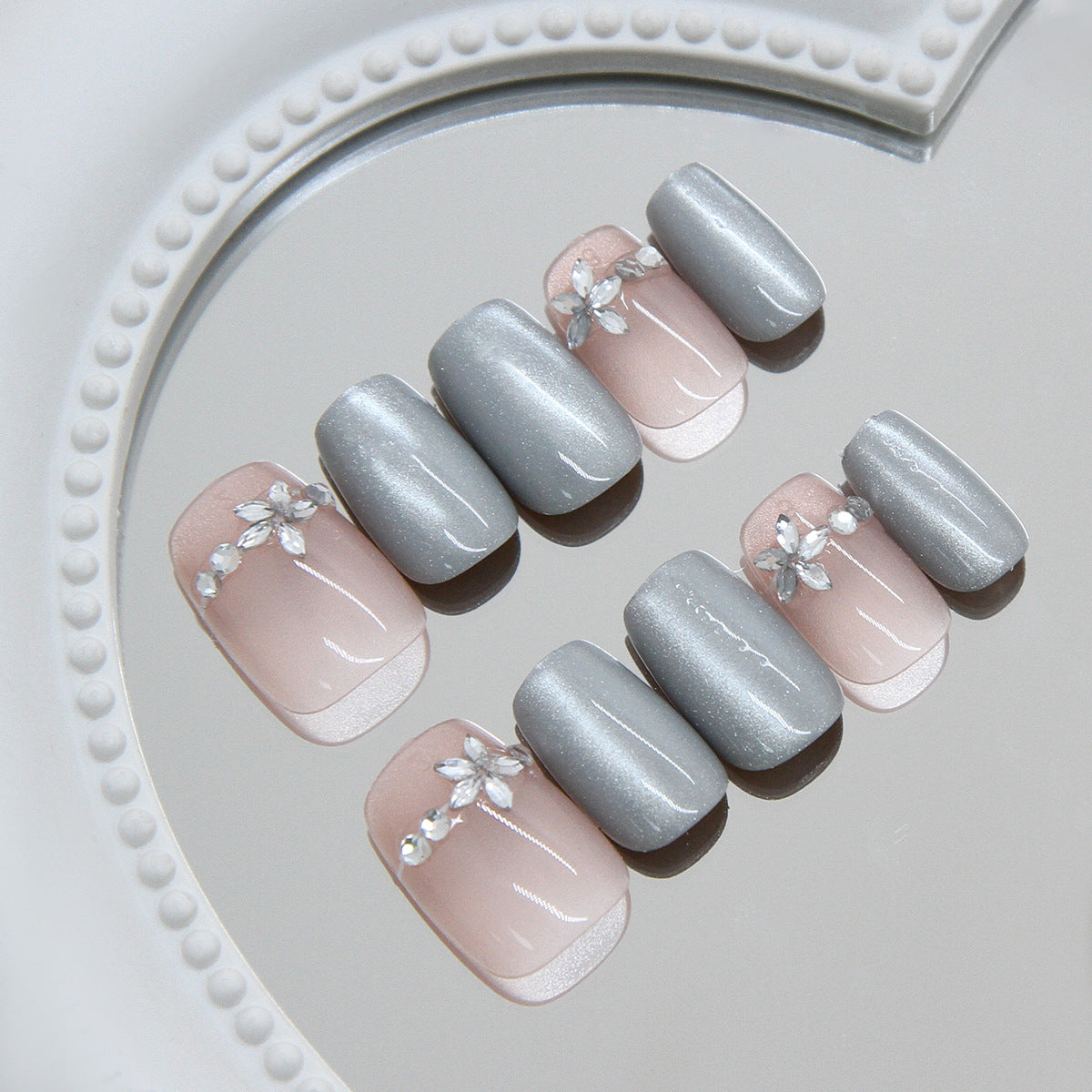 Elegant Bridal Charm Short Square Grey with Gemstone Accent Press On Nail Set