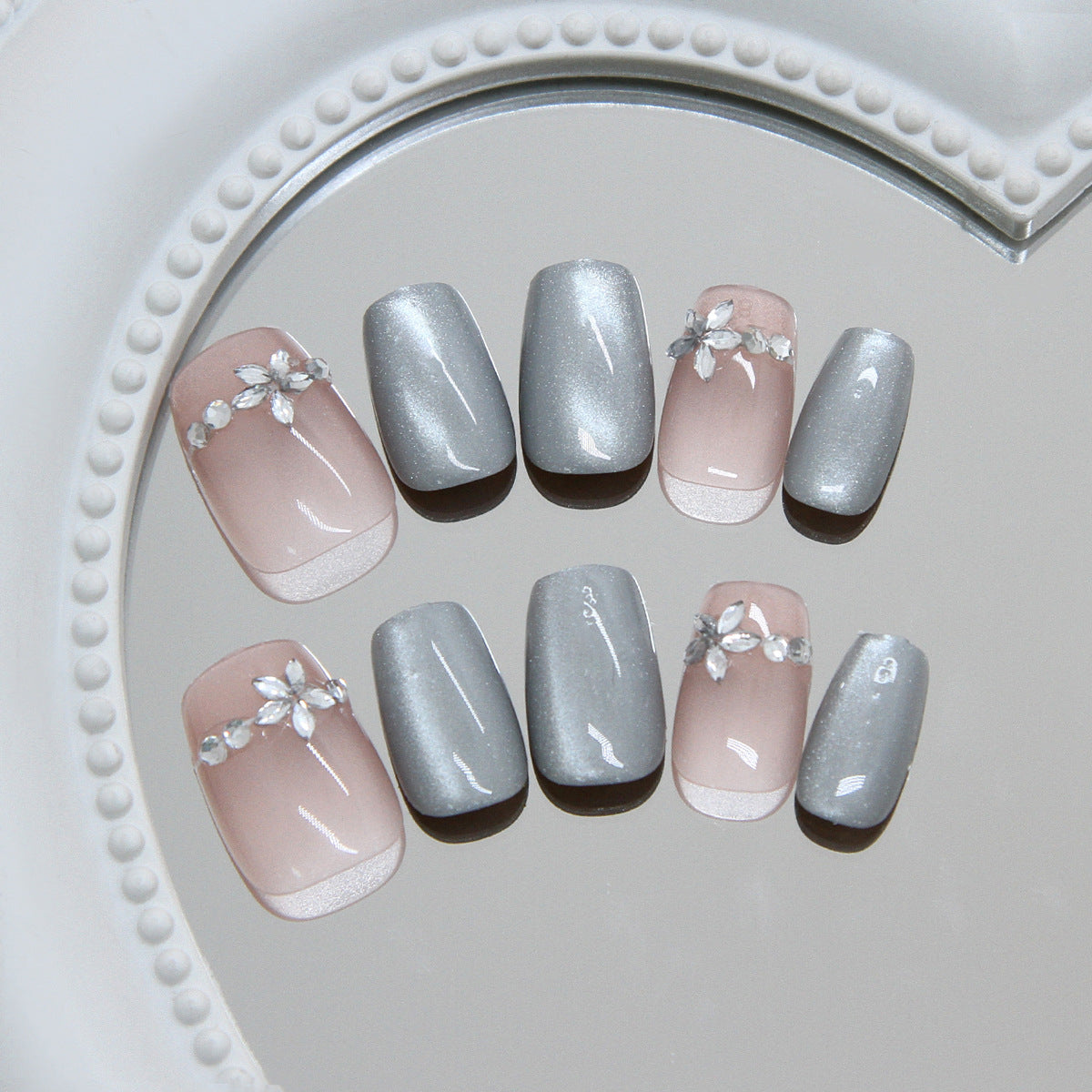 Chic Blossom Medium Square Gray and Pink Gradient Nails with Rhinestone Accents