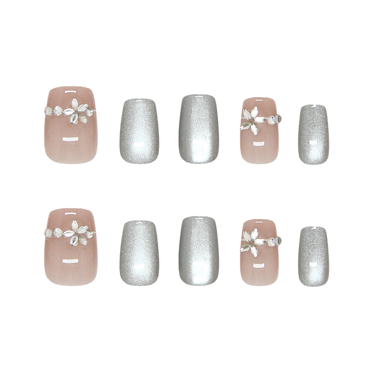Elegant Floral Delight Medium Square Silver Glitter Press-On Nail Set