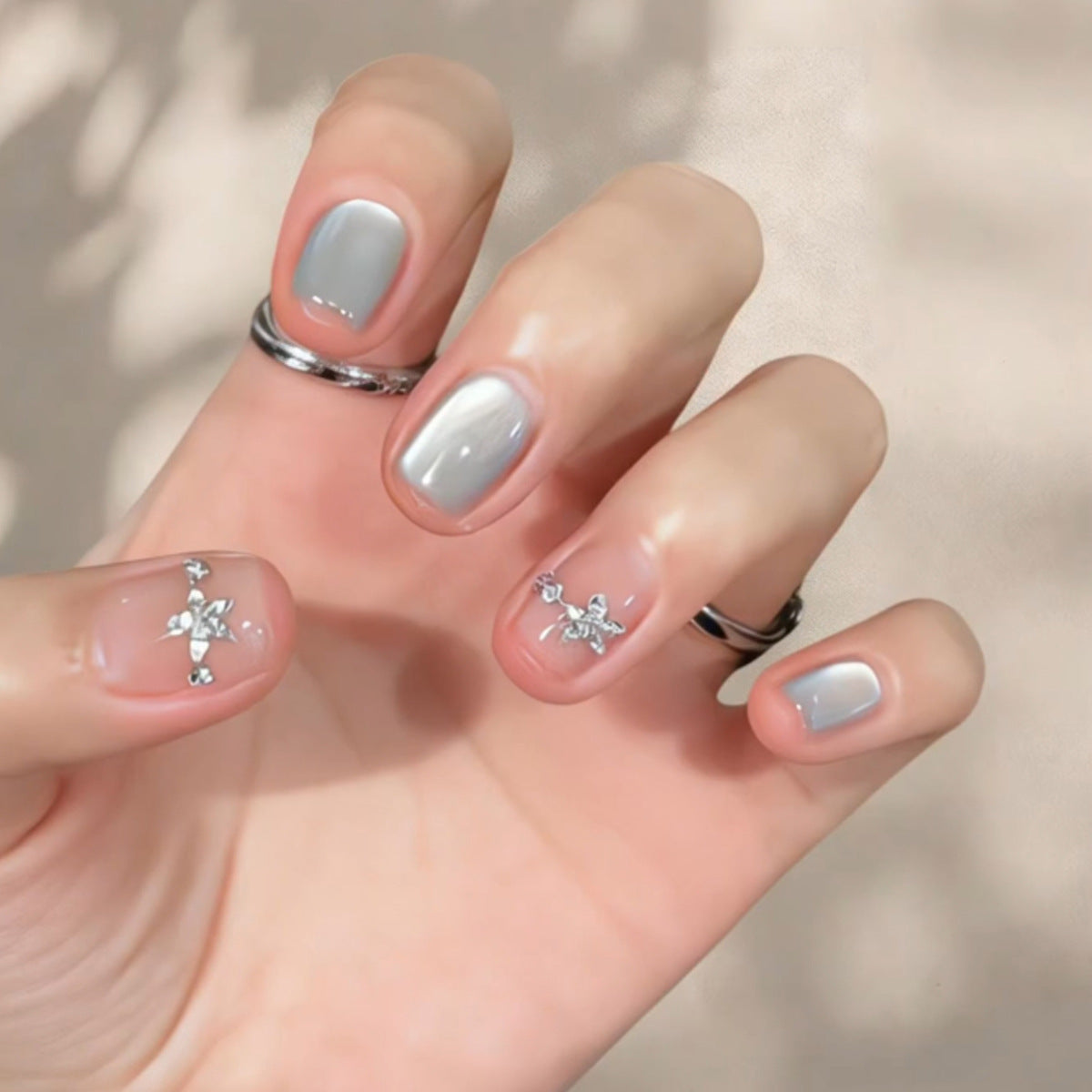 Elegant Serenity Medium Square Gray with Sparkling Floral Accents Press On Nail Set