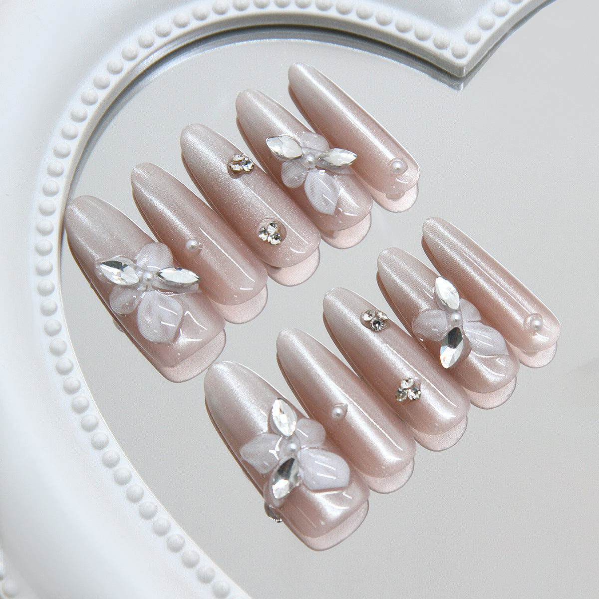 Elegant Floral Charm Long Almond Blush Press On Nail Set with Sparkling Gem Accents