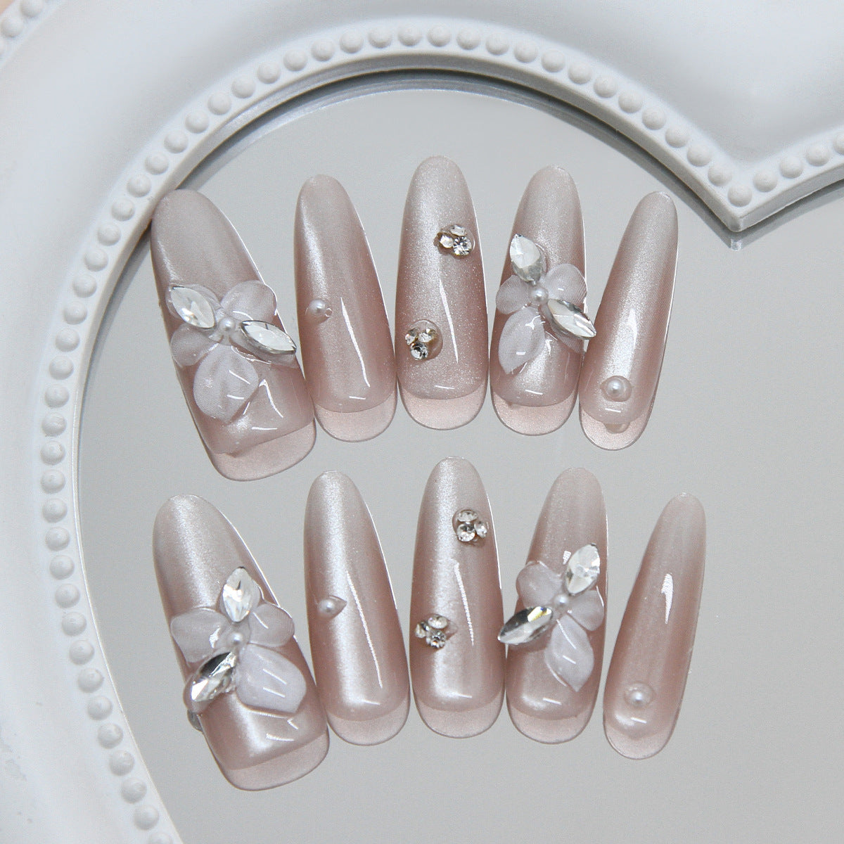 Elegant Blossom Long Almond Beige Press On Nail Set with Floral Accents