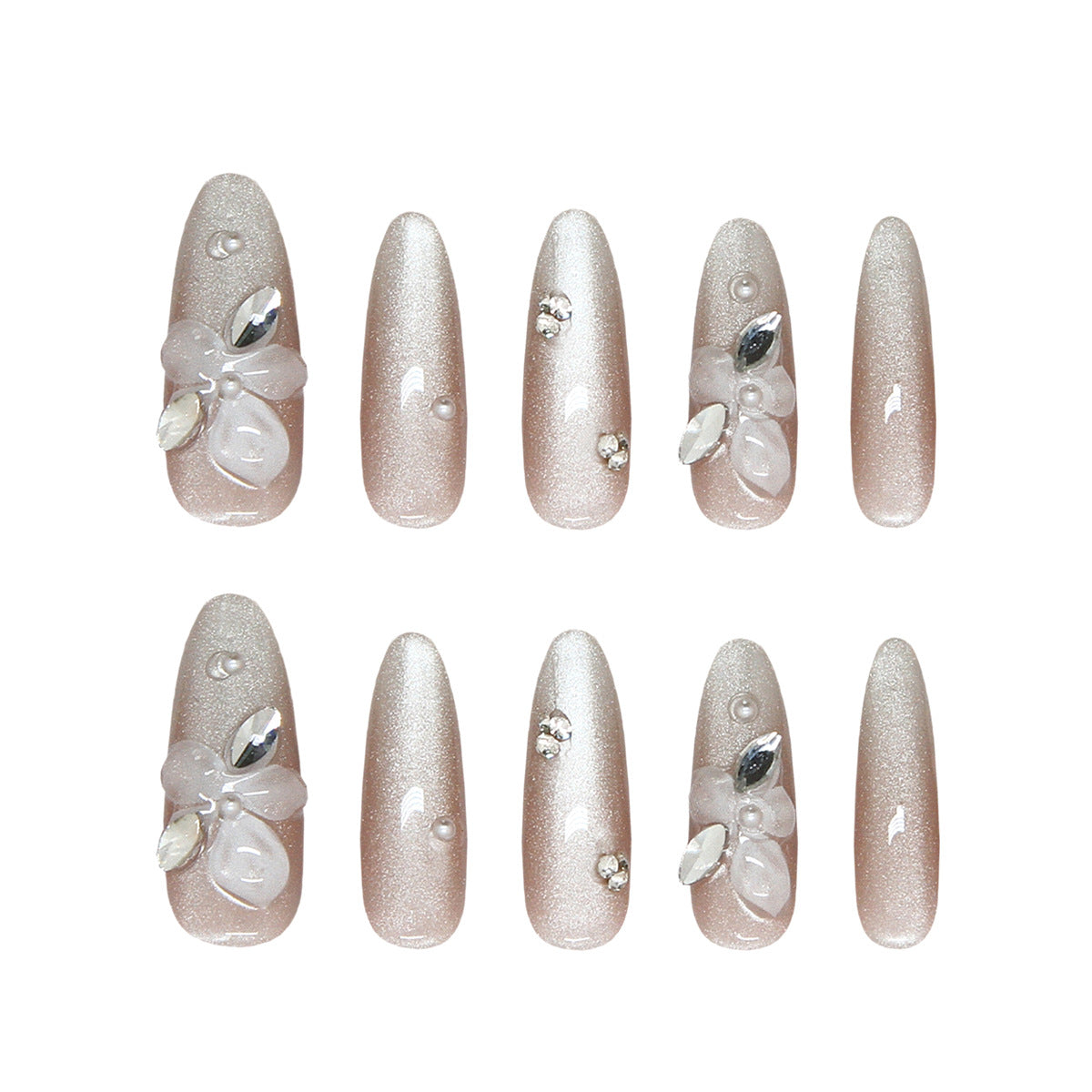 Elegant Floral Glamour Long Almond Soft Pink with Gemstone Embellishments Press on Nail Set