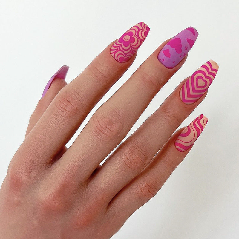 Bohemian Flair Long Coffin Pink Patterned Press On Nail Set with Accent Designs