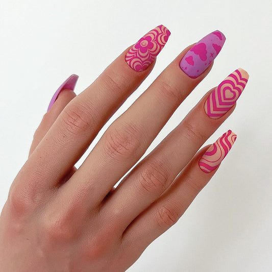 Bohemian Flair Long Coffin Pink Patterned Press On Nail Set with Accent Designs