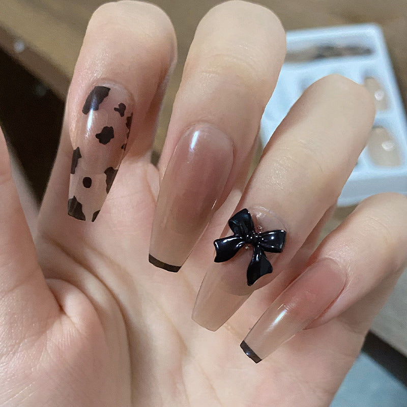 Fashionista Chic Long Coffin Brown Press On Nail Set with Black Bow Accent