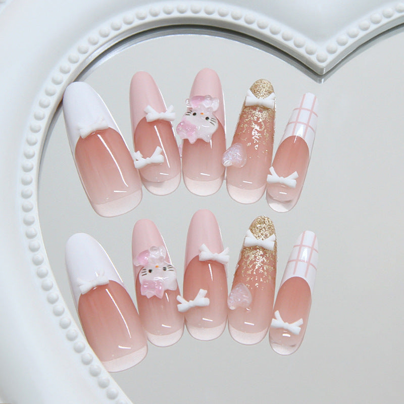 Whimsical Charm Long Almond Pink with Cute Bow Accents Nail Set
