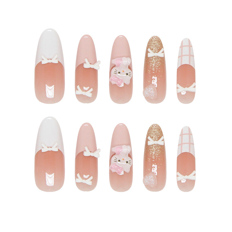 Charming Kawaii Long Almond Pink with Bow and Glitter Nail Set