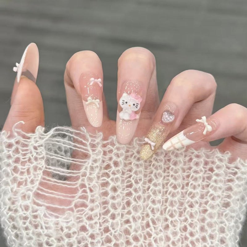 Charming Whimsical Long Almond Pink Glittery Bow Press On Nail Set