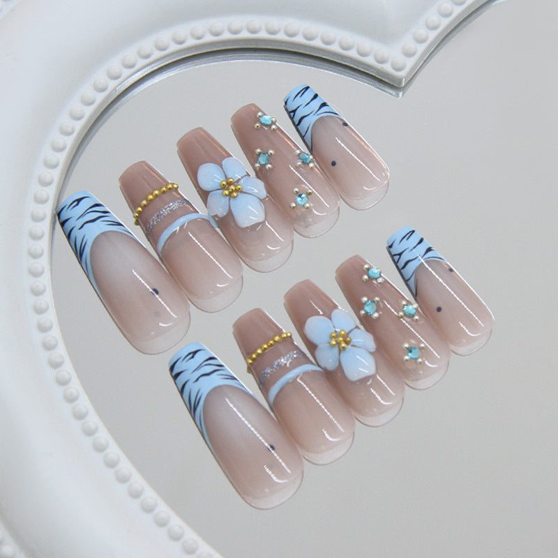 Tropical Vibes Long Coffin Beige with Floral and Striped Design Press On Nail Set