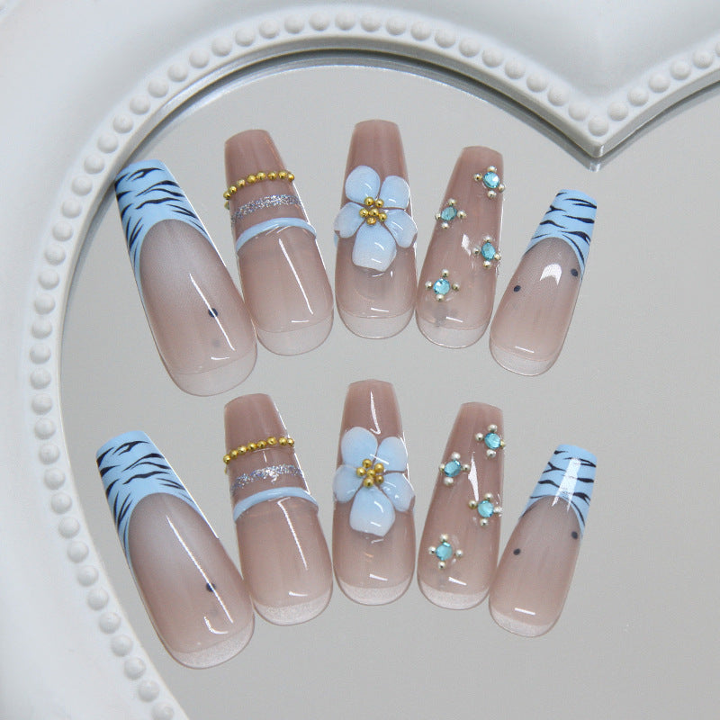 Elegant Ocean Inspired Long Coffin Blue and White Floral Accent Press On Nail Set