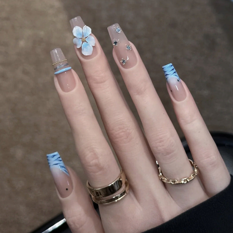 Charming Ocean Breeze Long Coffin Transparent Nail Set with Floral and Glitter Accents