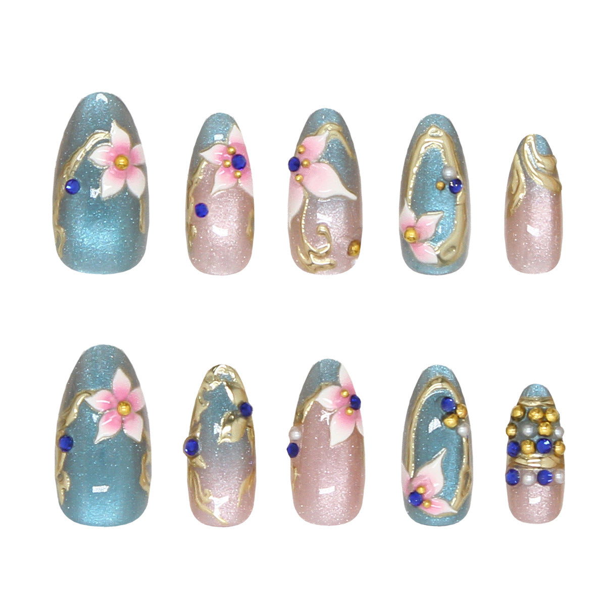 Whimsical Floral Medium Almond Blue and Pink Glitter Press on Nail Set with Decorative Gems