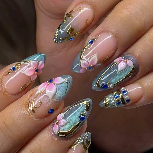 Elegant Floral Medium Stiletto Blue and Pink Design with Metallic Accents