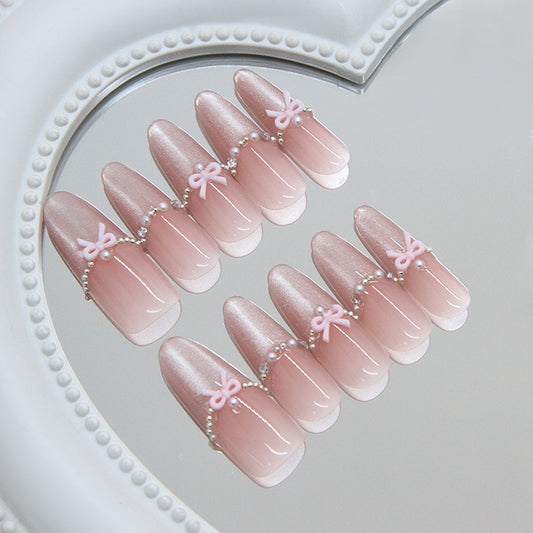 Charming Pink Long Almond Nail Press Set with Bow and Pearl Accents