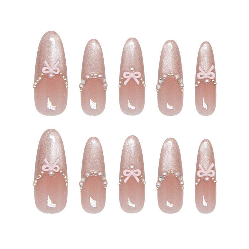 Enchanted Garden Long Almond Blush Pink Press On Nail Set with Graceful Bow Accents