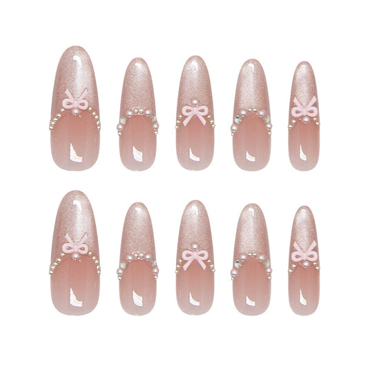 Enchanted Garden Long Almond Blush Pink Press On Nail Set with Graceful Bow Accents