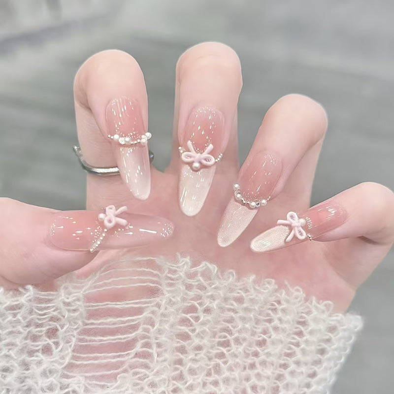 Chic Elegance Long Almond Pink Ombre with Bow and Pearl Accents Press On Nail Set