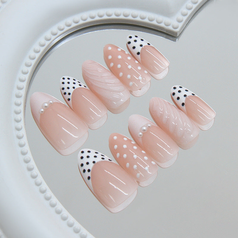 Charming Elegance Medium Oval Pink with Polka Dots and Pearl Accents Press on Nail Set
