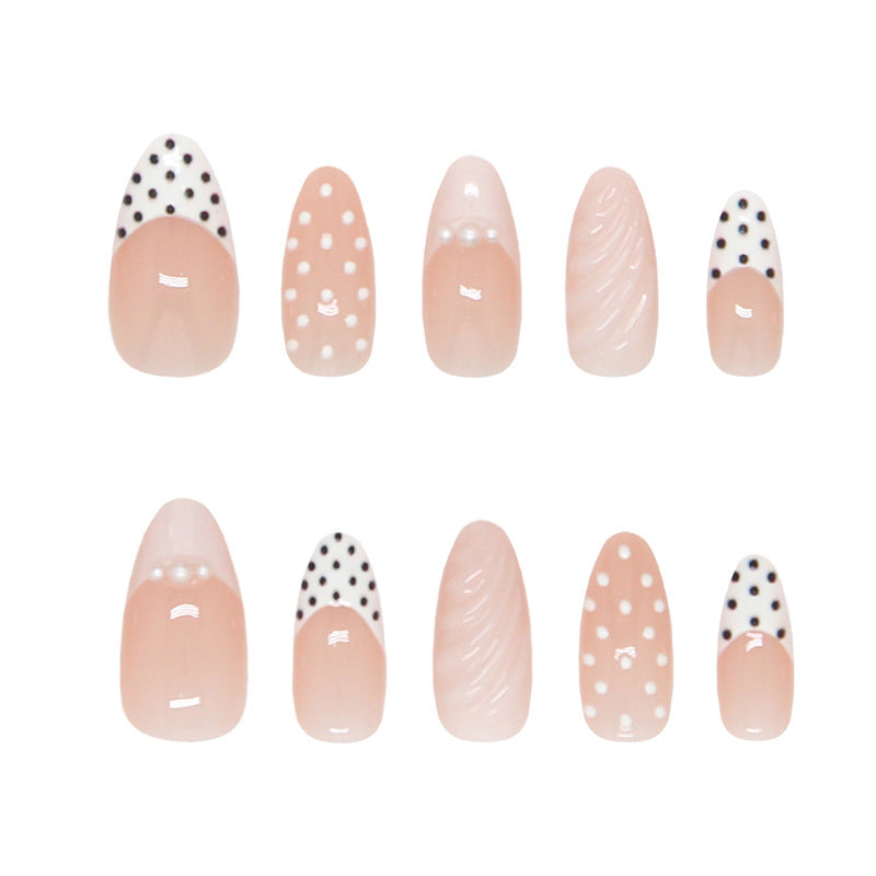 Chic Polka Dot Medium Almond Press On Nail Set with Elegant Pearl Accents