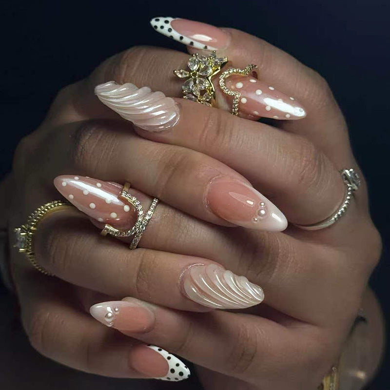 Whimsical Elegance Medium Almond Pink with Shell Design Press on Nail Set