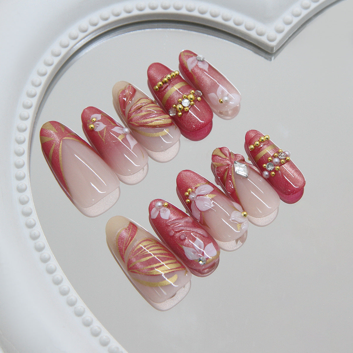 Enchanting Blossom Medium Almond Pink with Elegant Floral Accents Press On Nail Set